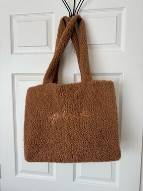 PINK Victoria's Secret Brown Sherpa Tote with Embroidered Logo